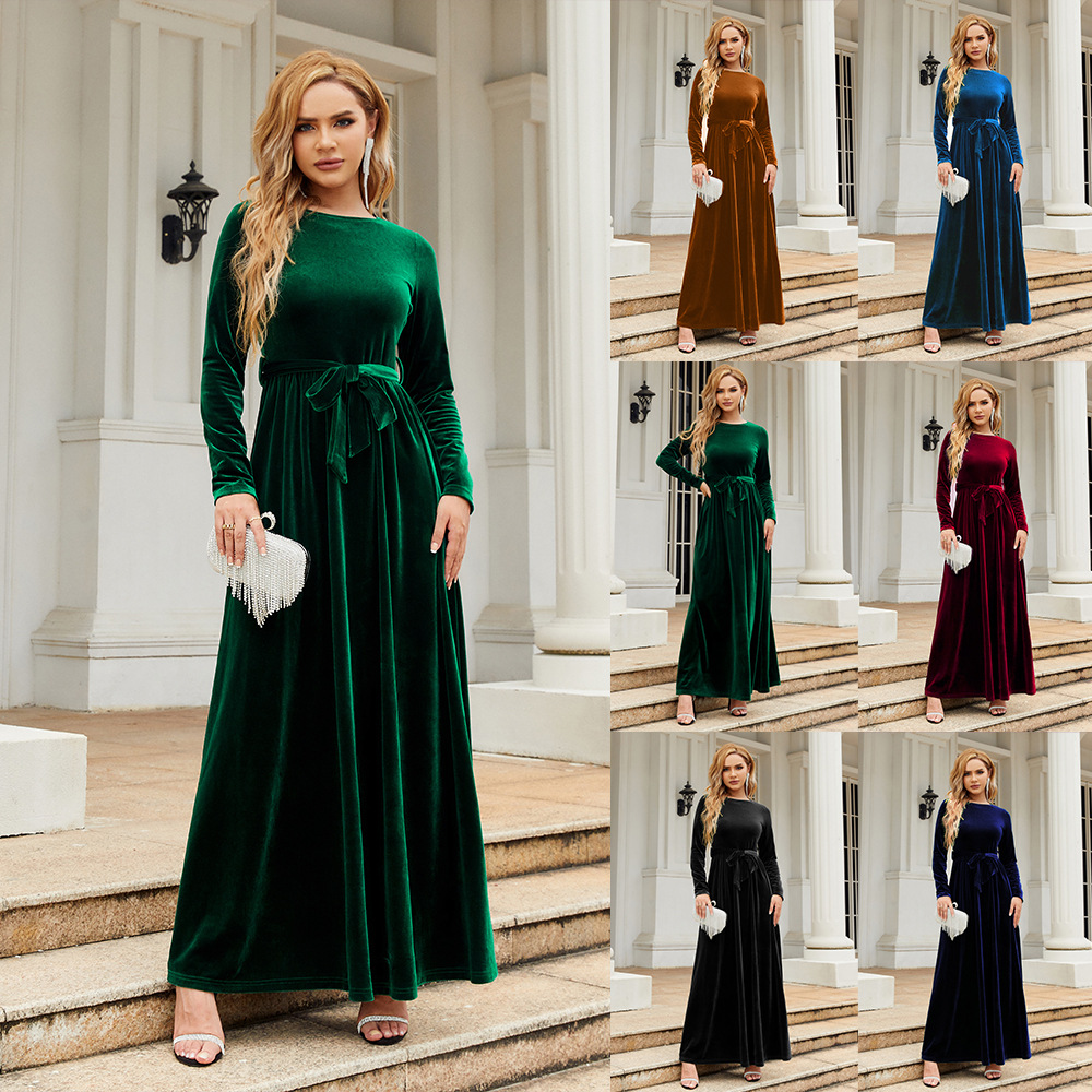 Elegant Velvet Maxi Dress - Autumn Winter Long Sleeve Floor Length Evening Gown